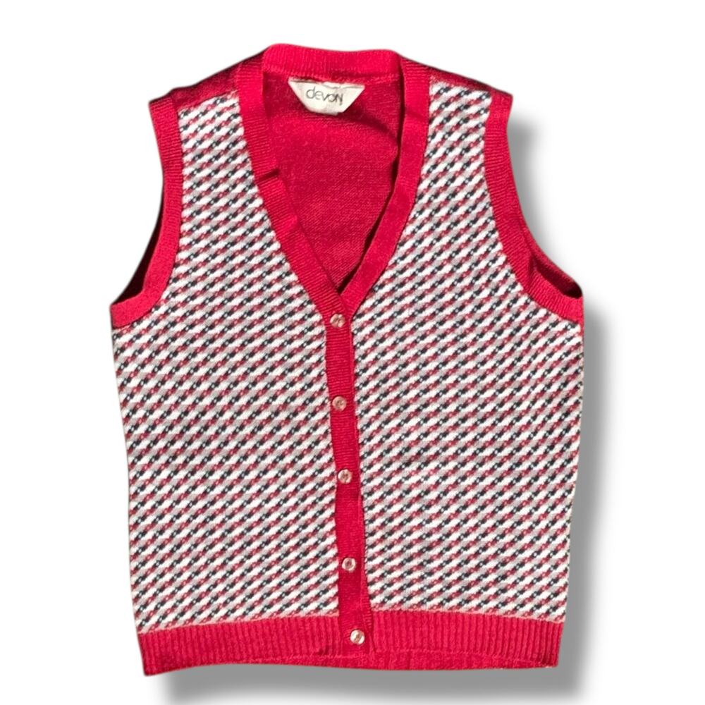 Vintage Devon Union‎ Made Button Front Knit  Sweater Vest Red Blue White Small